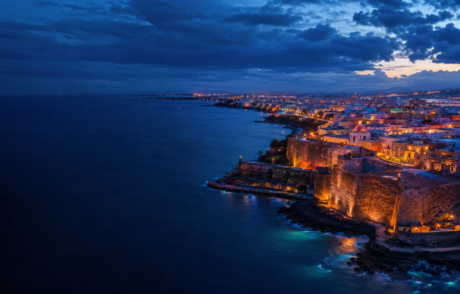 Old San Juan waterfront at blue hour